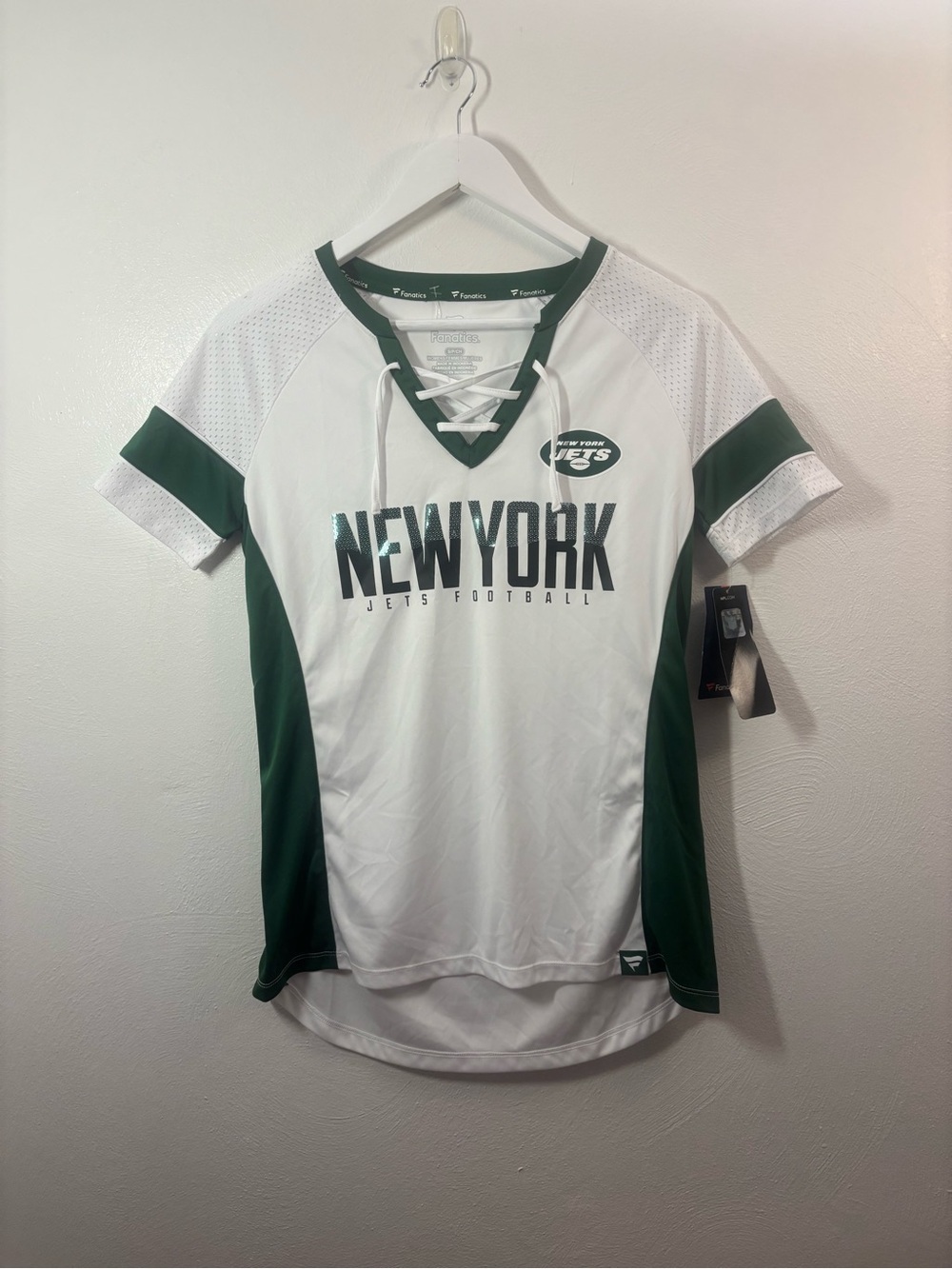 Fanatics New York Jets Women's White & Green Lace-Up V-Neck Jersey Size Small
